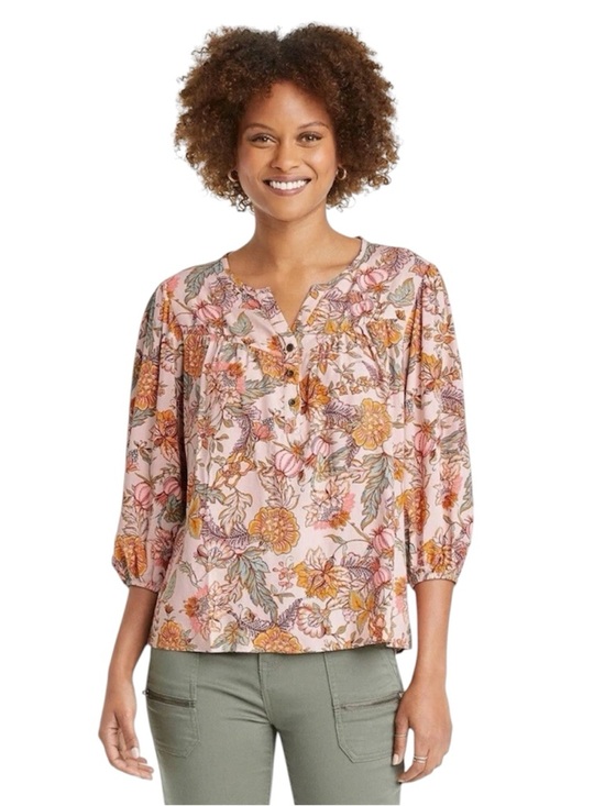 Knox Rose Tops - Knox Rose Pink Floral V-Neck Button Peasant Blouse